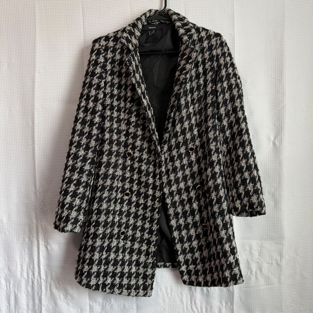 Forever 21 Houndstooth Pea Coat Womens Medium Black White Double Breasted Jacket